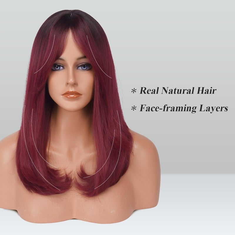 FESHFEN باروكات مع غرة للنساء، باروكة شعر صناعية طبيعية المظهر بلون أومبري أحمر نبيذي طويلة ومصففة بشكل طبقات للشعر المستقيم للنساء للاستخدام اليومي والحفلات، 18 بوصة - Image 3